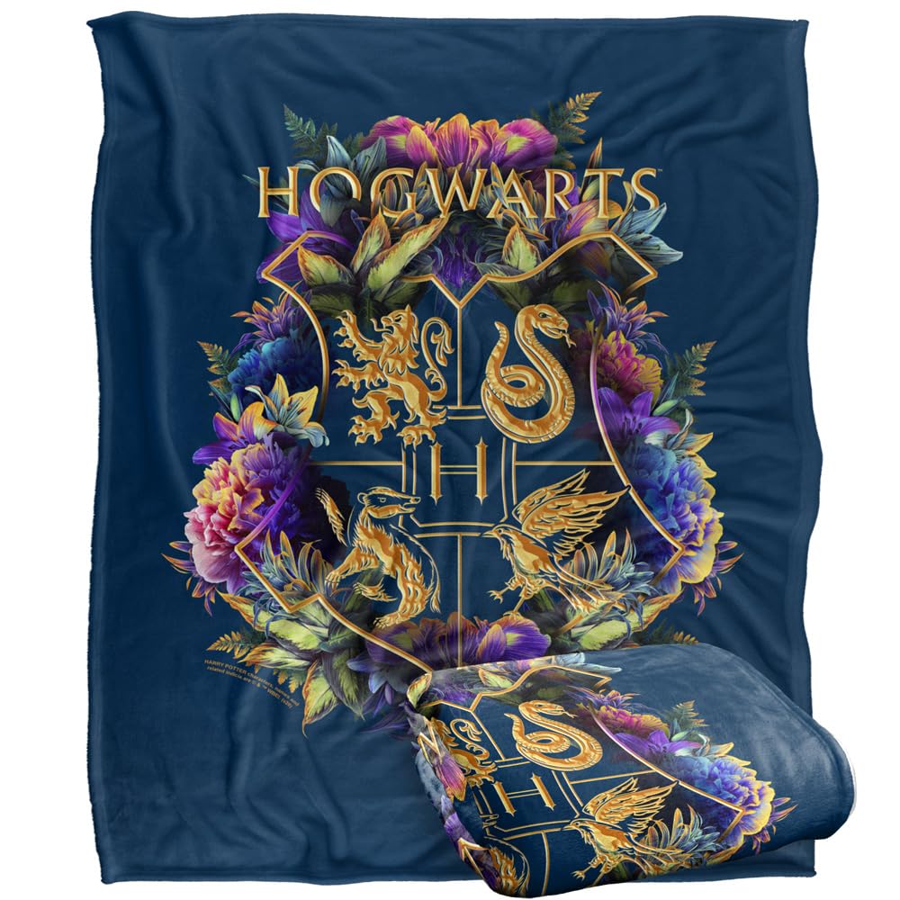 Harry Potter Blanket, 60'X80' Hogwarts Multi-Colored Floral Crest Silky Touch Super Soft Throw Blanket