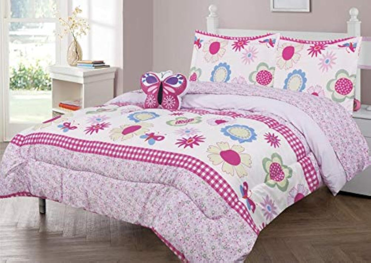 Sapphire Home 4 Piece Floral Pink Full Kids Comforter Set - Kids Bedding - Pillow Sham, Decorative Toy Pillow - Toddler Bed Kit,