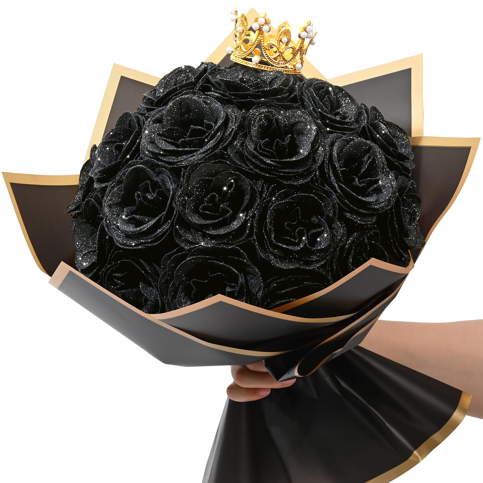 Waipfaru Black Glitter Roses Bouquet, DIY Fake Flowers Bouquet, Everlasting Shiny Artificial Rose Bouquet for Valentine's Day, A