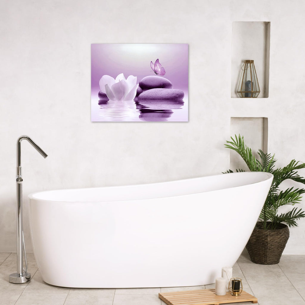 Eobtain Zen White Flower Canvas Wall Art Floral And Purple Butterfly On Stone Modern Framed Picture Yoga Spa Spiritual Painting