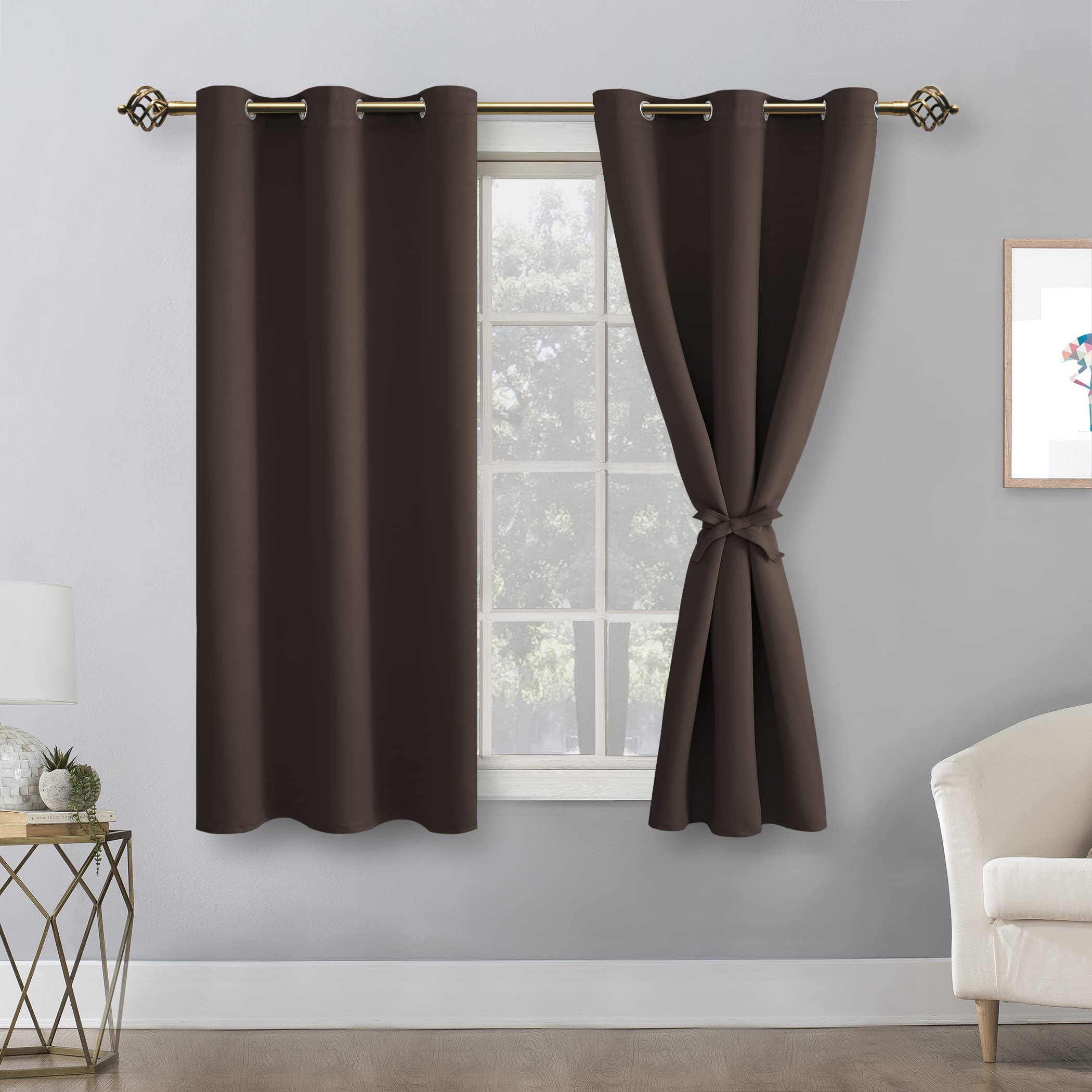 Hiasan Blackout Curtains For Bedroom - Thermal Insulated & Light Blocking Window Curtains For Living Room, 2 Drape Panels Sewn With Tiebacks, Brown, 38 X 54 Inch