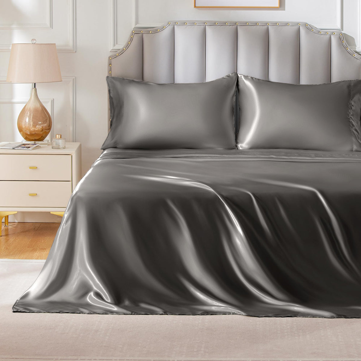 Freshculture Satin Sheets Queen Size, Silky Soft Satin Bed Sheets, 4 Psc Gunmetal Satin Sheets With Deep Pocket, Similar To Silk