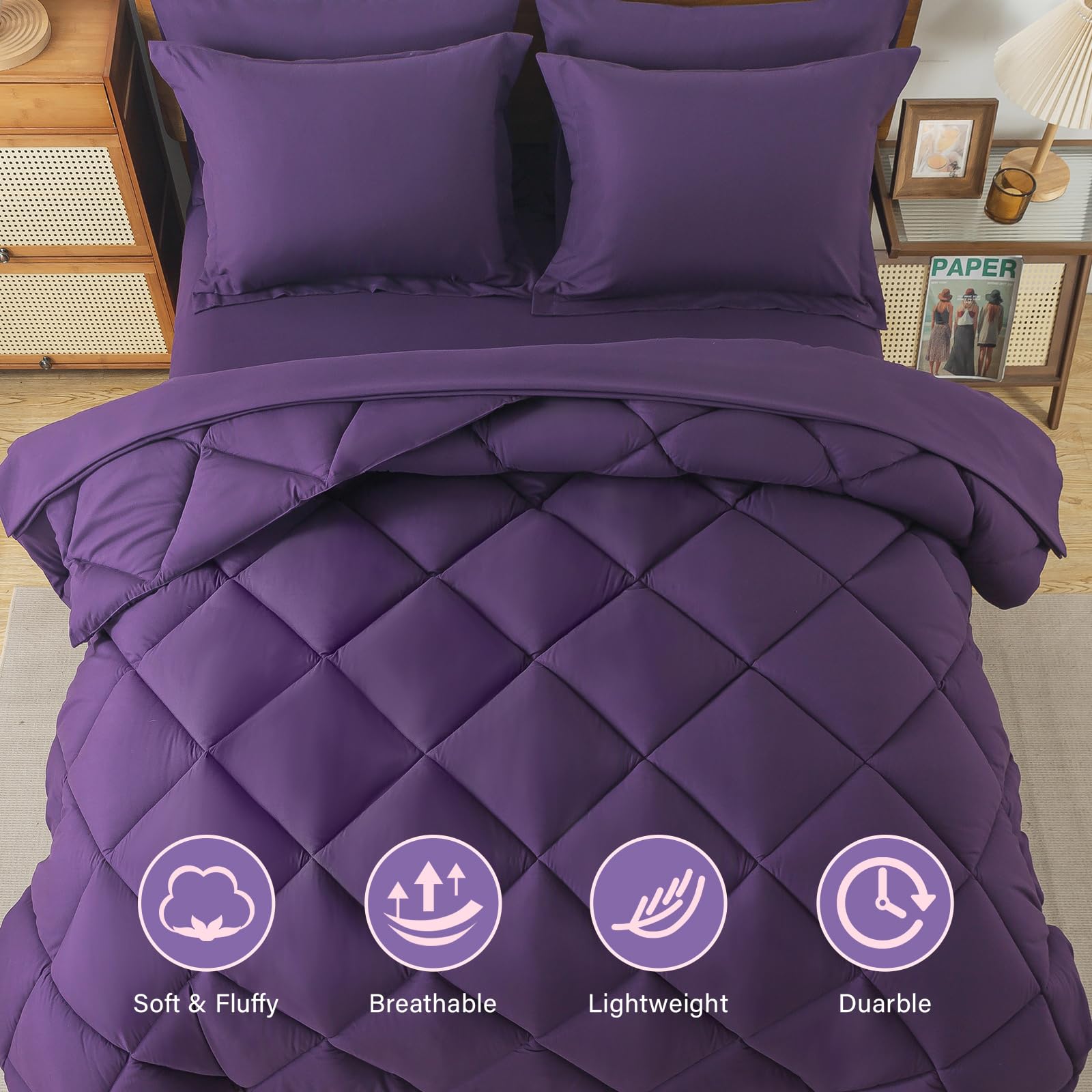 Cosybay Bed In A Bag Full Comforter Sets 7Pcs All Season Solid Down Alternative Bedding Sets Purple With Comforter, Pillow Shams