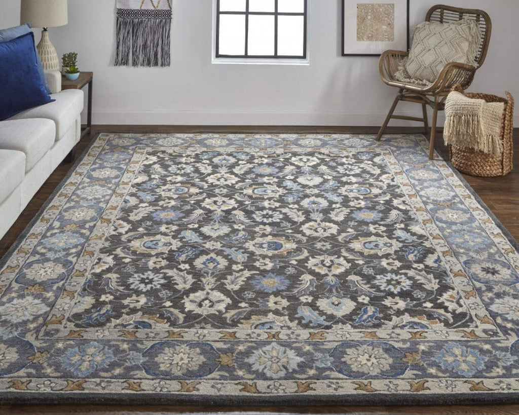 HomeRoots 514830 8 x 10 ft. Taupe Blue & Ivory Wool Floral Hand Tufted Handmade Stain Resistant Rectangle Area Rug