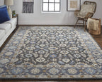 HomeRoots 514830 8 x 10 ft. Taupe Blue & Ivory Wool Floral Hand Tufted Handmade Stain Resistant Rectangle Area Rug