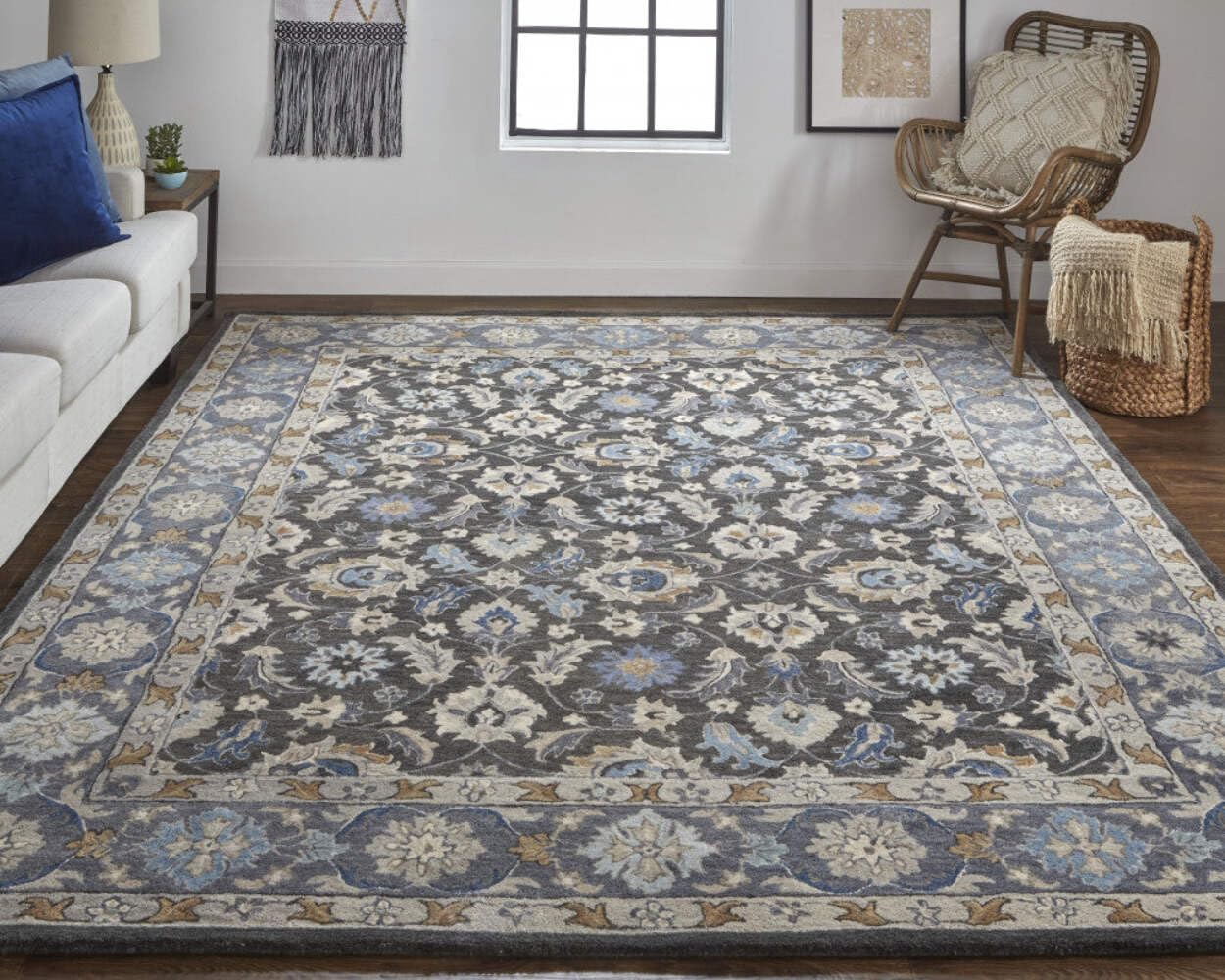 HomeRoots 514830 8 x 10 ft. Taupe Blue & Ivory Wool Floral Hand Tufted Handmade Stain Resistant Rectangle Area Rug