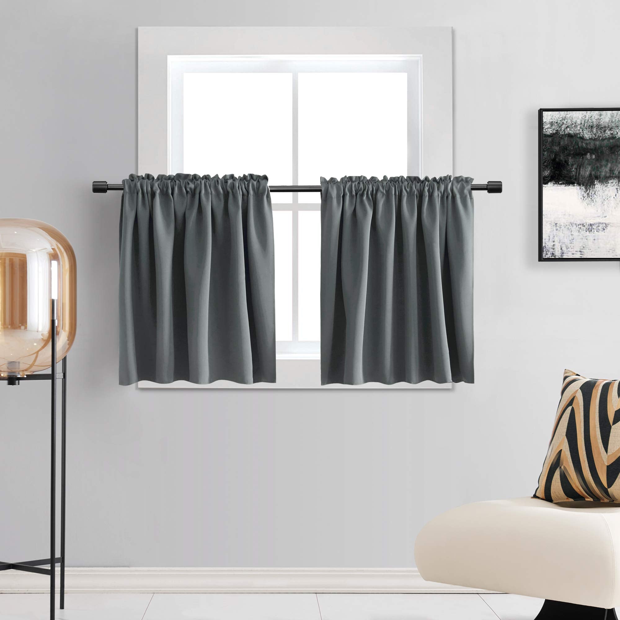 Donren Medium Grey Small Curtains For Bathroom -Blackout Thermal Insulating Curtain Tiers For Bedroom With Rod Pocket(52 By 36 Inches,2 Panels)