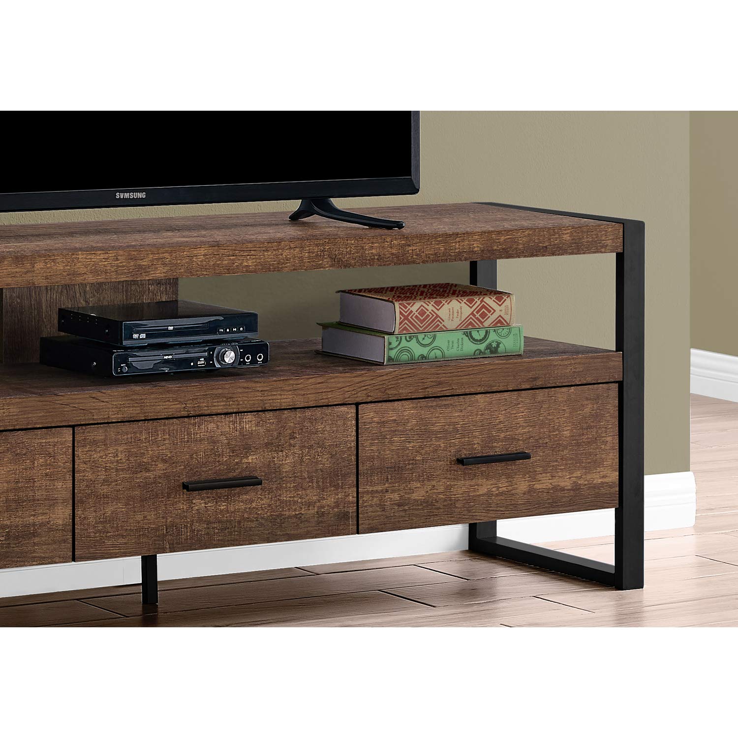 Monarch Specialties TV Stand-Console with 3 Drawers and Shelves-Industrial Modern Style Entertainment Center with Metal Legs, 60' L, Brown Reclaimed Wood Look