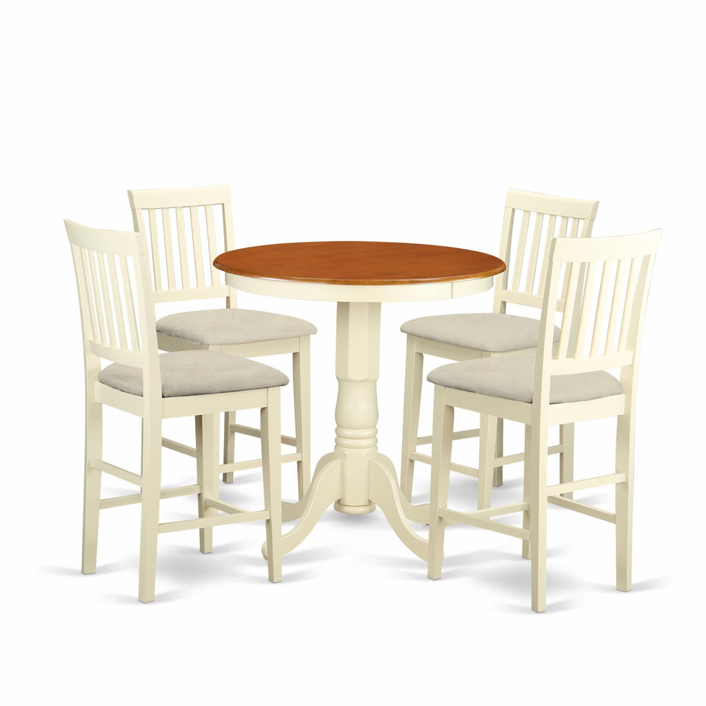 East West Furniture EDVN5-WHI-C 5 Piece Counter Height Dining Table Set Includes a Round Kitchen Table with Pedestal and 4 Linen Fabric Upholstered Dining Chairs, 30x30 Inch, Buttermilk & Cherry