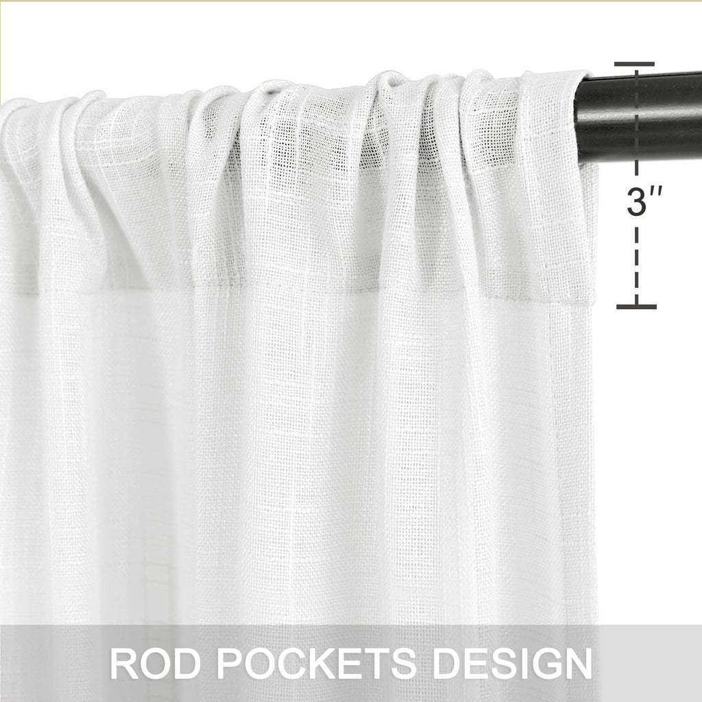 Dwcn White Faux Linen Sheer Curtains - Rod Pocket Textured Semi Voile Bedroom Living Room Window Curtains, Set Of 2 Rod Pocket C