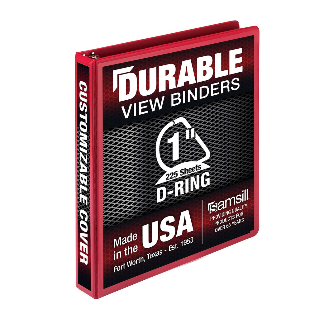 Samsill Durable 1 Inch Binder, Made In The Usa, D Ring Binder, Customizable Clear View Binder, Red, Holds 225 Pages