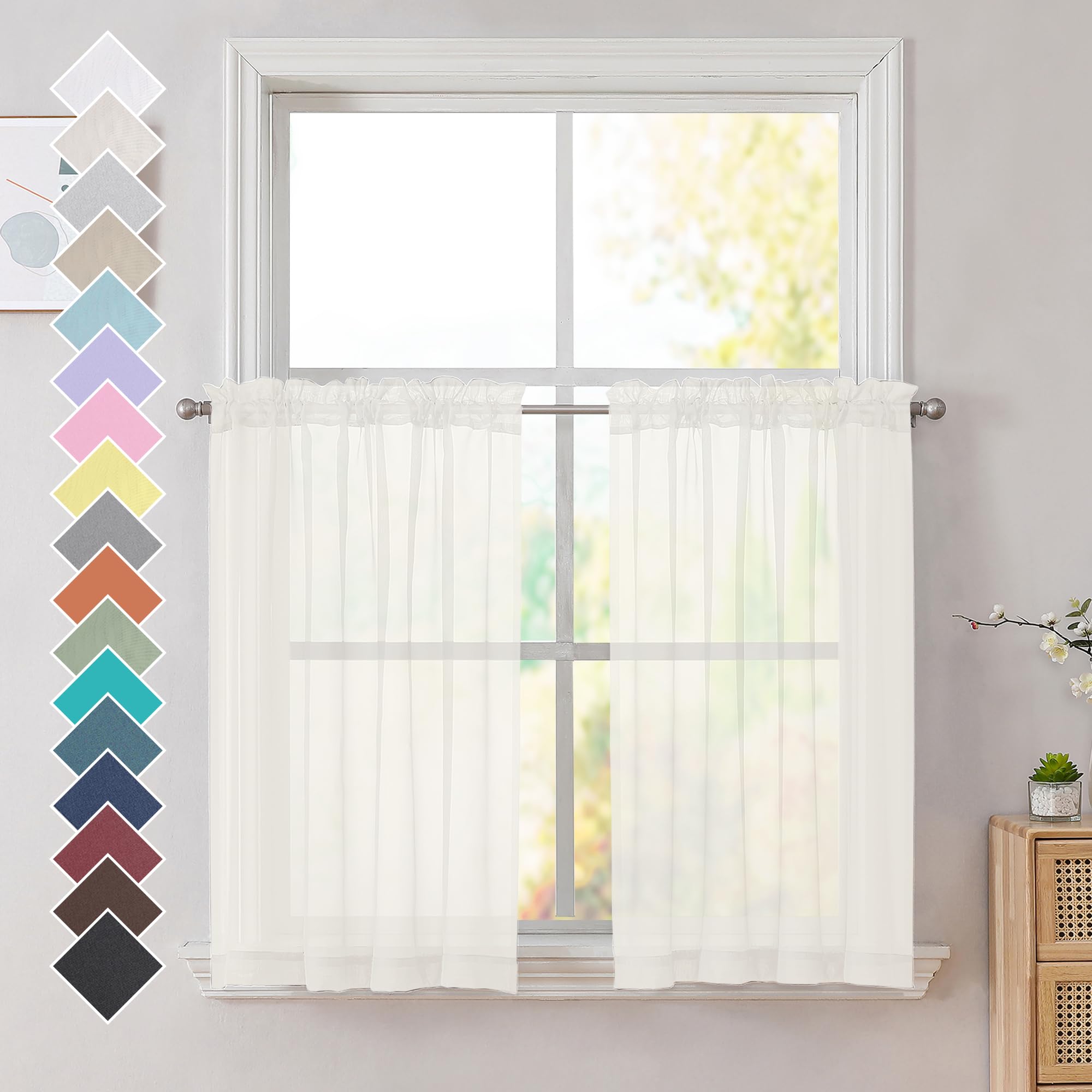 Ovzme Ivory Sheer Curtains 36 Inch Length Kitchen Tiers Short Voile Curtains/Drapes Solid Sheers Cafe Curtains Voile Bathroom Sm