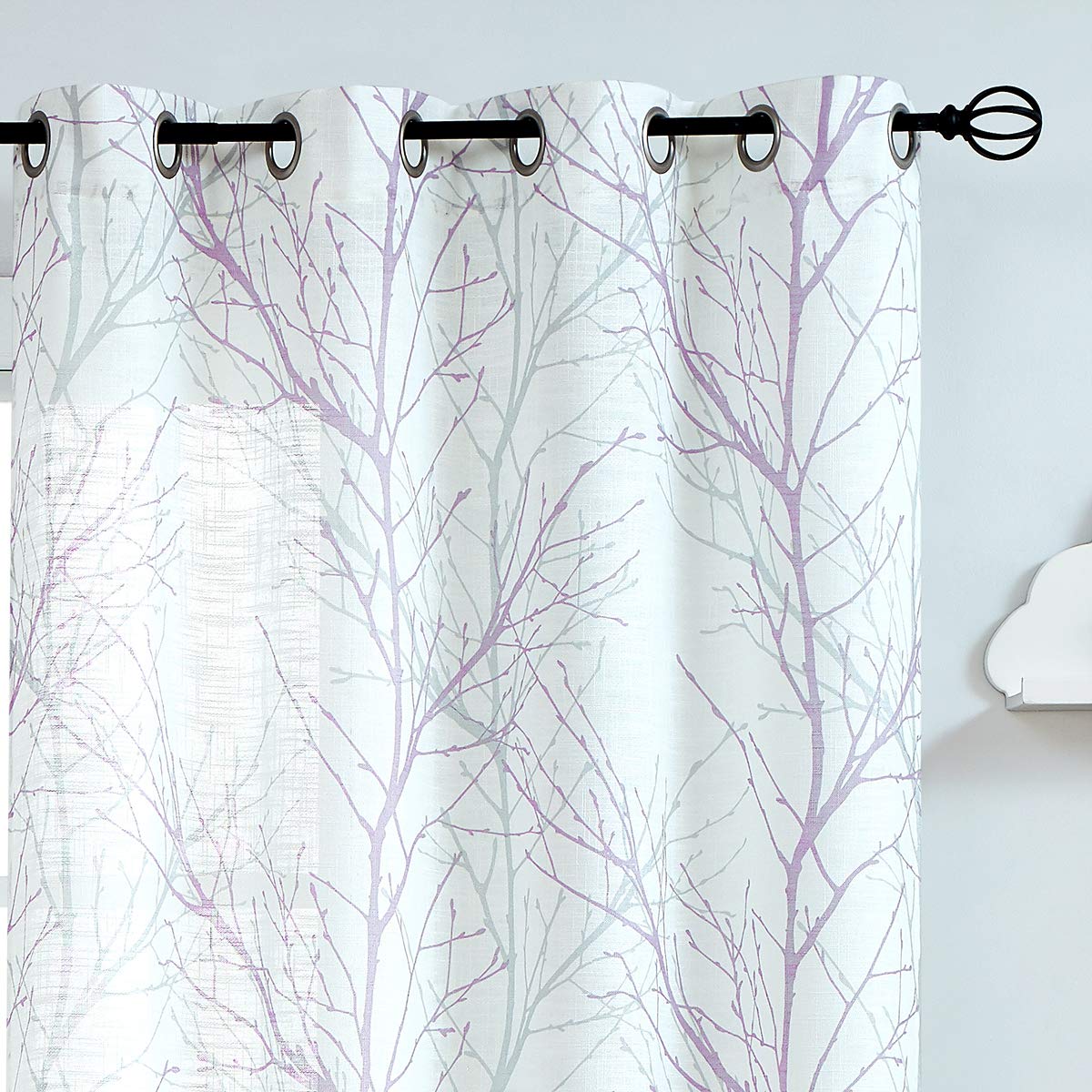 FMFUNCTEX White Curtains 84    for Living Room Grey and Lilac Tree Branches Print Curtain Set Linen Textured Semi-Sheer Window D