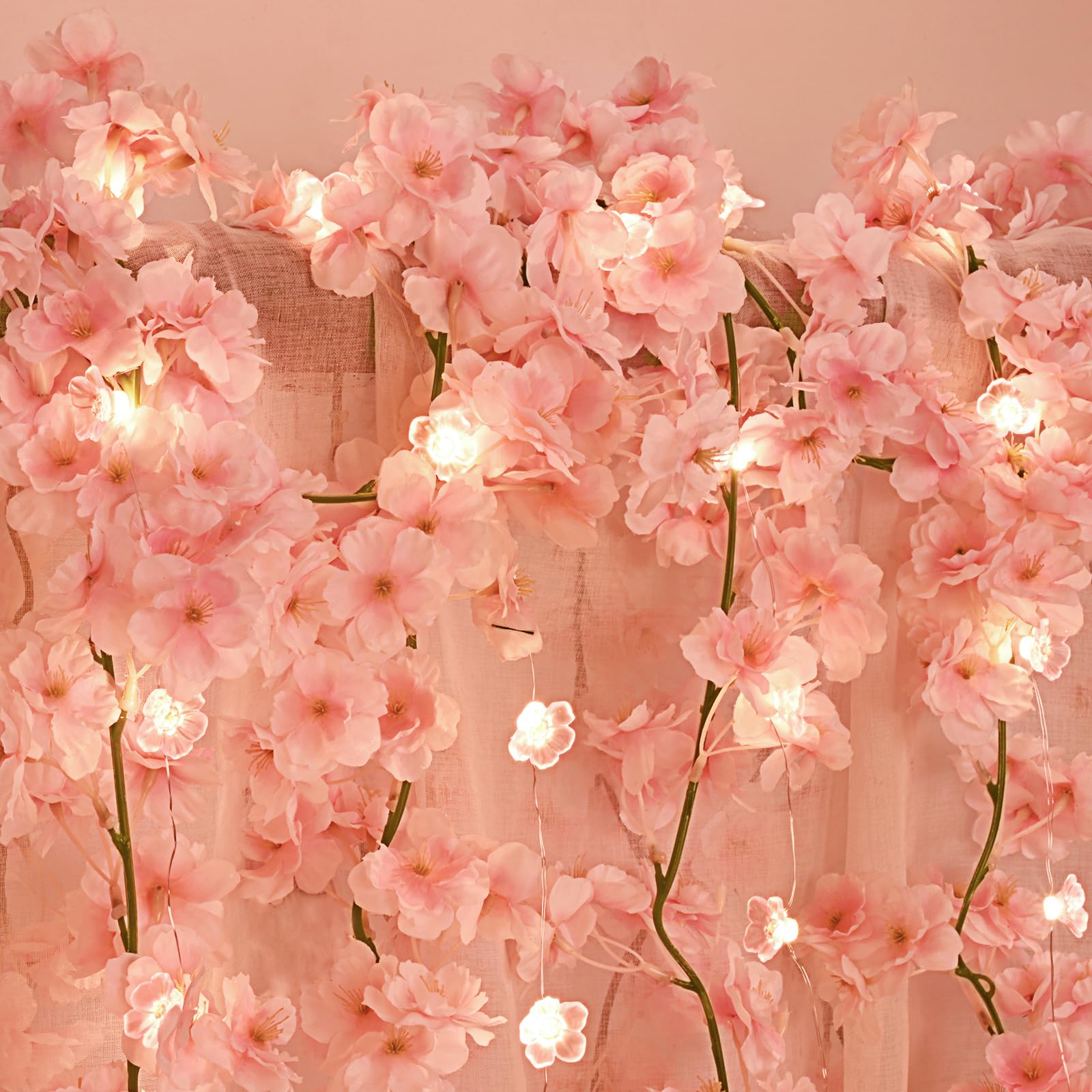 Sunm Boutique 4 Pcs Total 23.6 Ft Artificial Cherry Blossom Flowers, Faux Lighted Cherry Blossom Garlands, Fake Cherry Blossom H