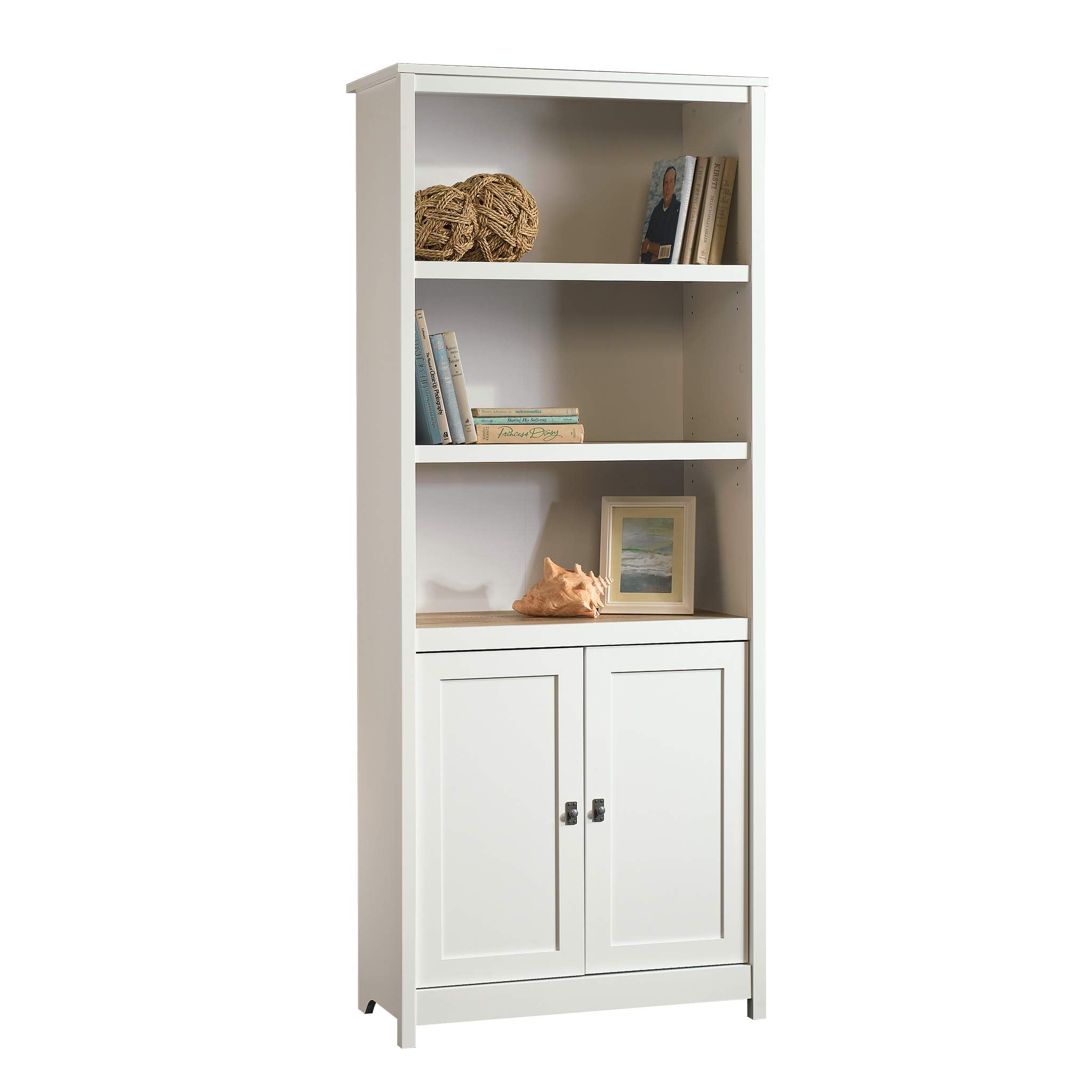 Sauder Cottage Road Book Shelf, Bookshelf with Storage, Library Bookcase with Doors and Adjustable Shelves, in Soft White Finish