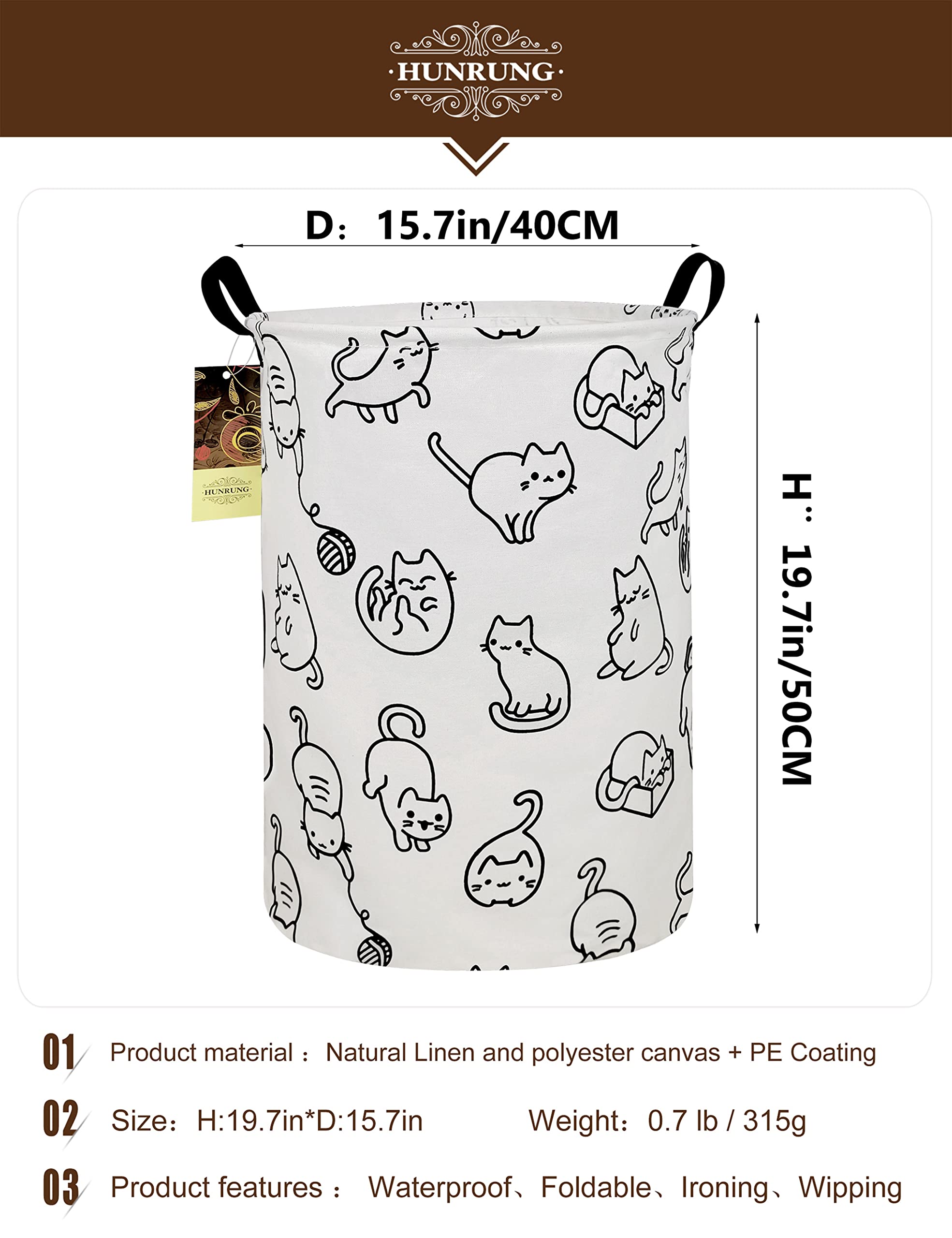 Hunrung Laundry Hamper,Large Canvas Fabric Lightweight Storage Basket Toy Organizer Dirty Clothes Collapsible Waterproof For College Dorms, Children Bedroom,Bathroom(Round Cat)