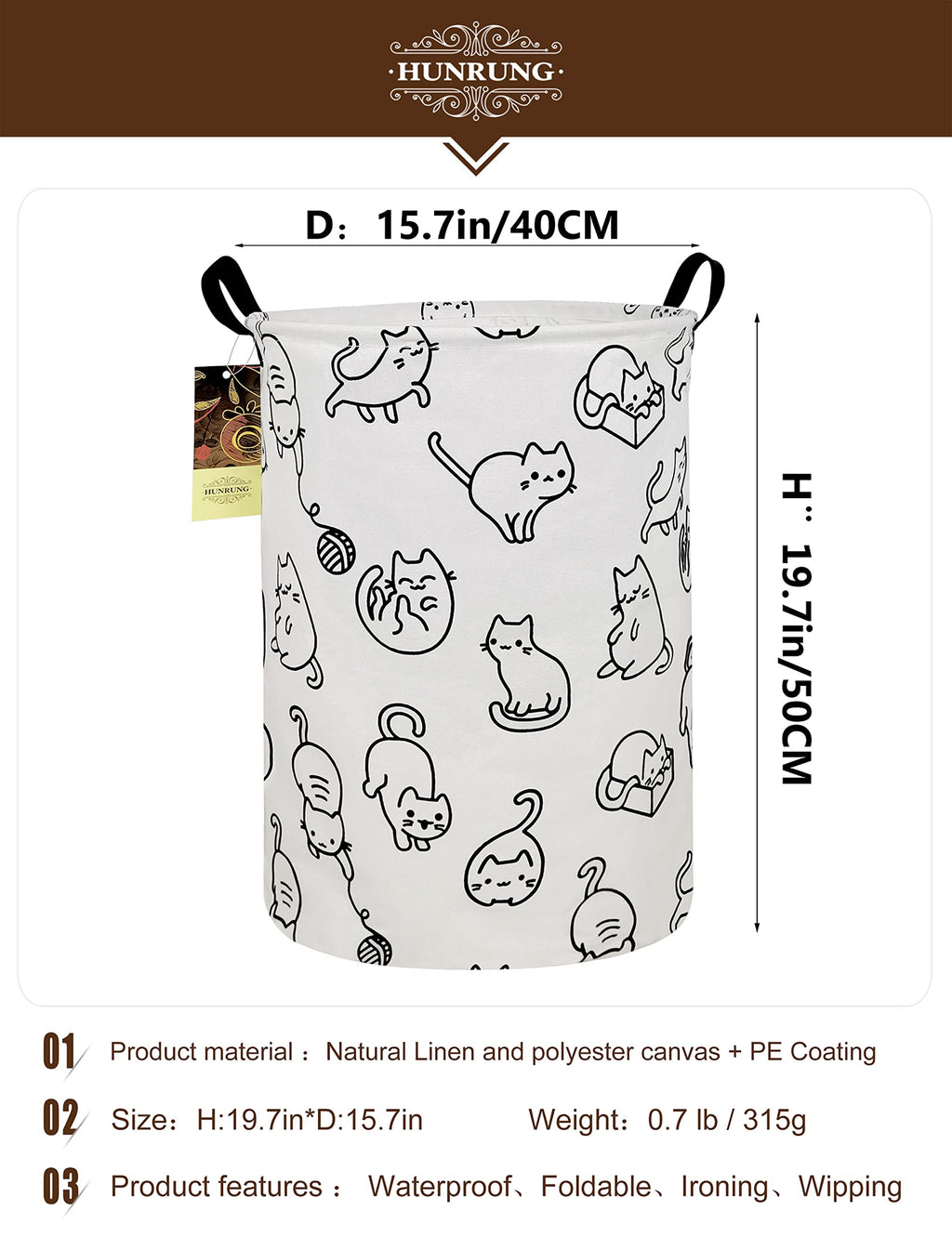 Hunrung Laundry Hamper,Large Canvas Fabric Lightweight Storage Basket Toy Organizer Dirty Clothes Collapsible Waterproof For College Dorms, Children Bedroom,Bathroom(Round Cat)