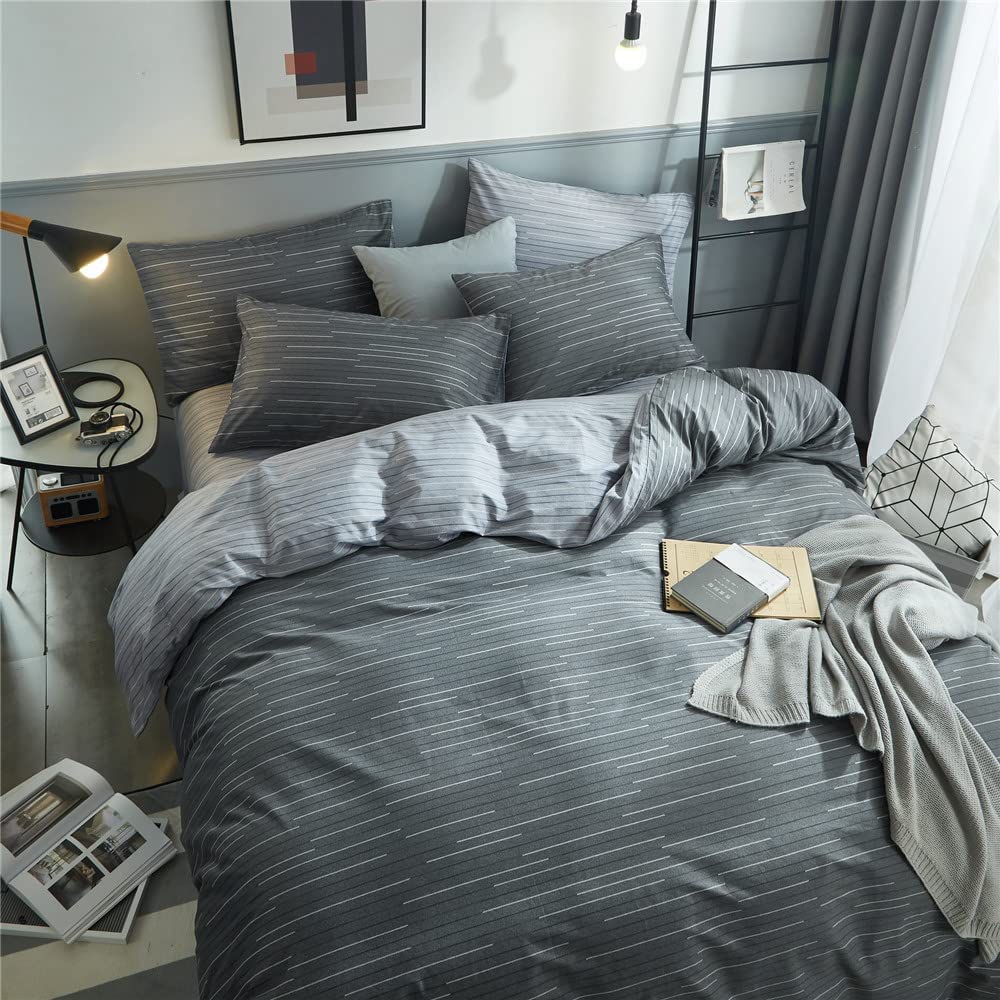 Grey Stripe Duvet Cover Queen Cotton Bedding Sets Geometric Stripe Comforter Cover Modern Style Masculine Bedding Sets For Men B
