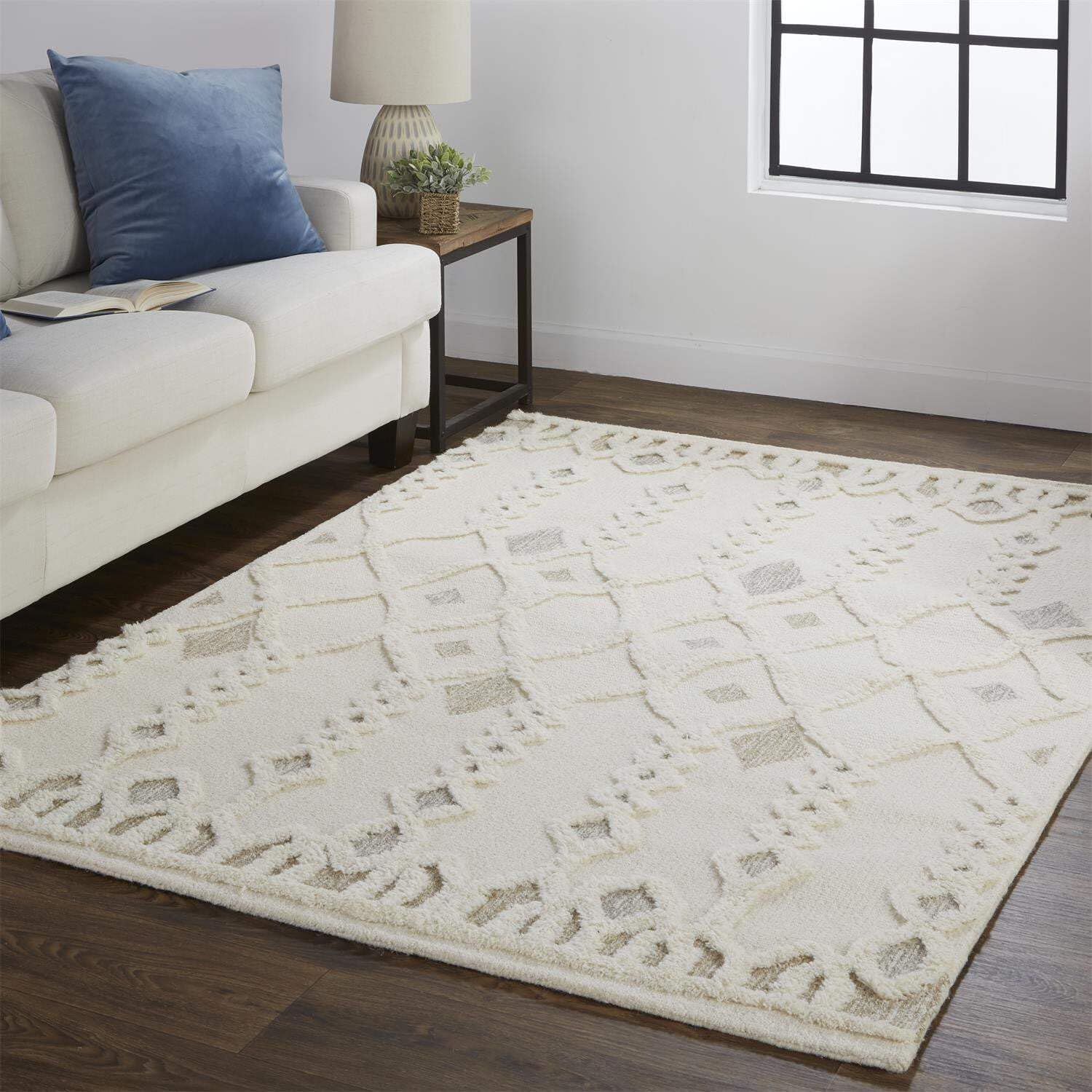 HomeRoots 512805 9 x 12 ft. Ivory Tan & Silver Wool Geometric Hand Tufted Handmade Stain Resistant Rectangle Area Rug