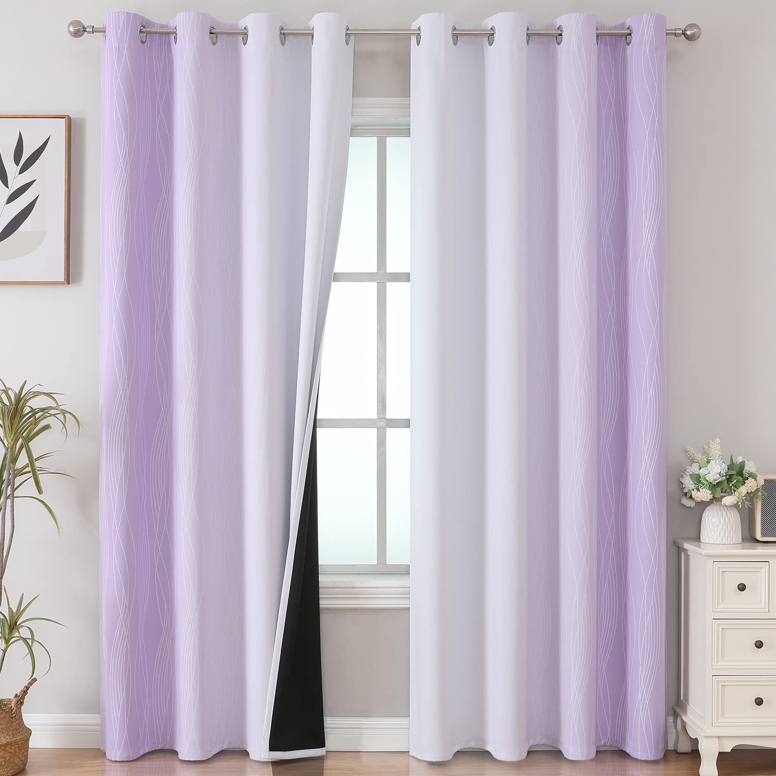 Estelar Textiler Lilac And Greyish White Gradient Blackout Curtains For Bedroom, Thermal Insulated Ombre Blackout Drapes, Light