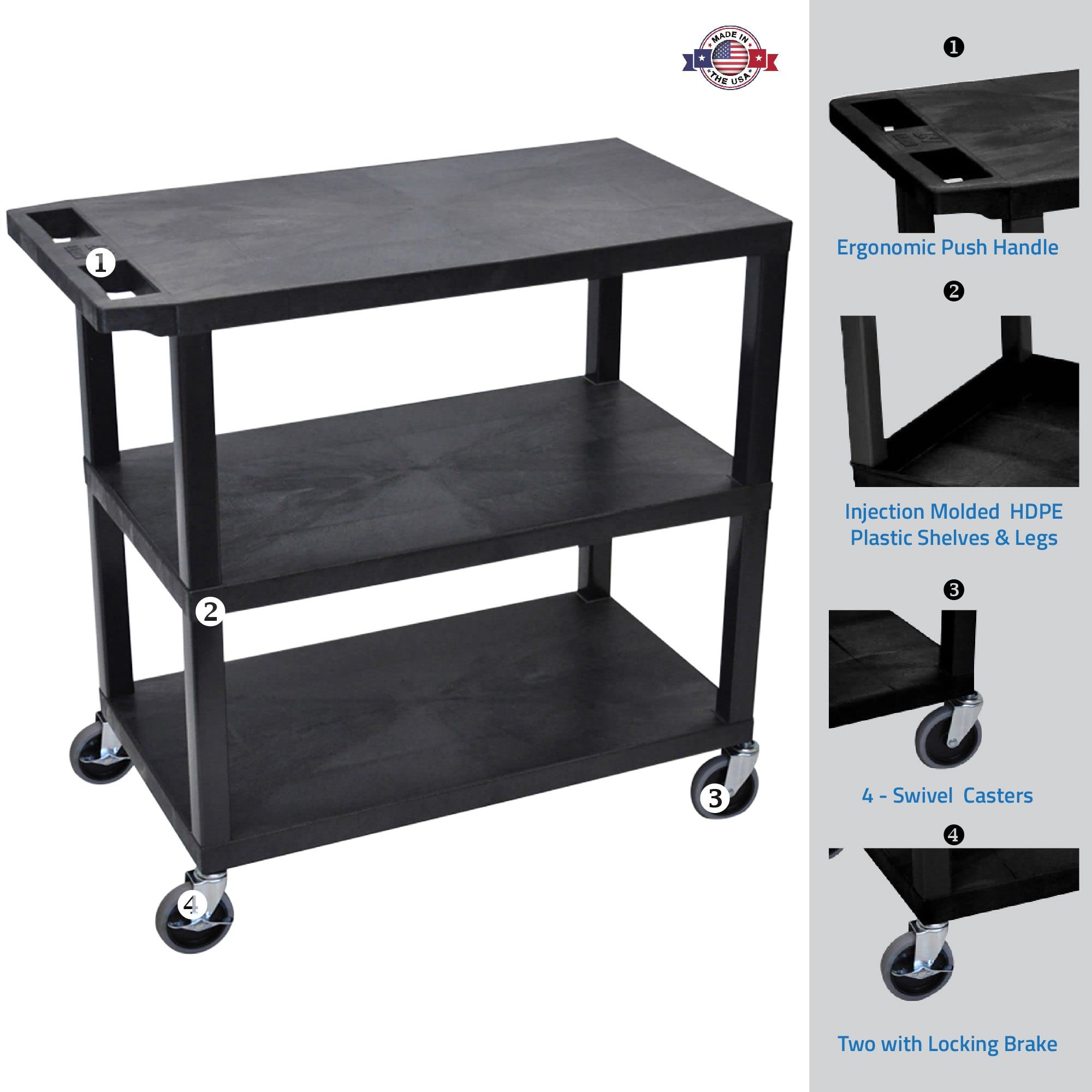 Luxor EC222-B Multipurpose Utility Cart, 1.62&quot; Thick Flat Shelves, Ergonomic Push Handle, 4&quot; Full-swivel Casters, Locking Brake, 400 lbs Max Capacity, Black