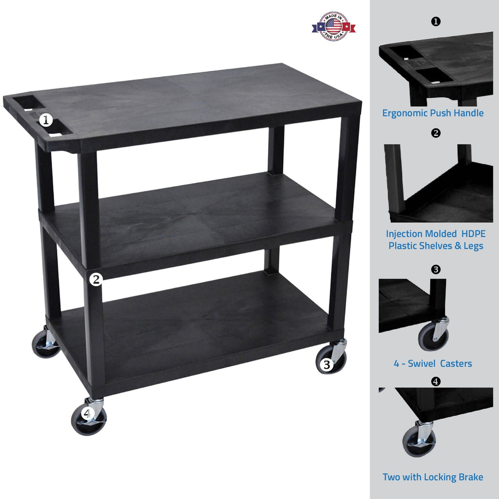 Luxor EC222-B Multipurpose Utility Cart, 1.62" Thick Flat Shelves, Ergonomic Push Handle, 4" Full-swivel Casters, Locking Brake, 400 lbs Max Capacity, Black