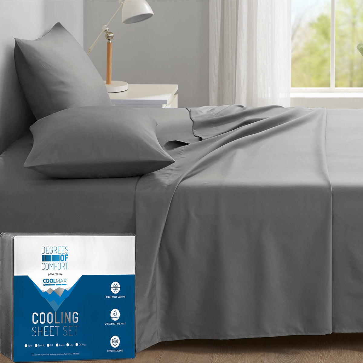 Degrees Of Comfort Coolmax Cooling California King Sheet Sets | Best Sheet Set For Hot Sleepers | Soft, Deep Pocket, Grey, 4-Pcs