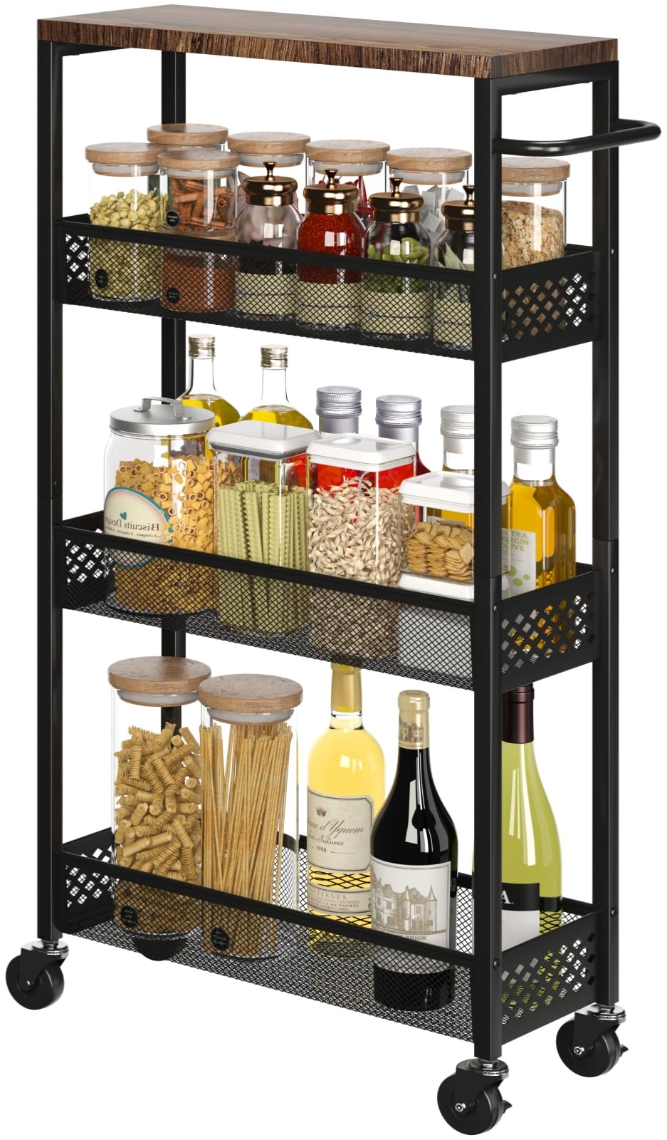 XYZLVSI Slim Storage Cart 4 Tier Narrow Kitchen Rolling Cart on Wheels for Small Space, Mobile Utility Cart Shelving Unit with W