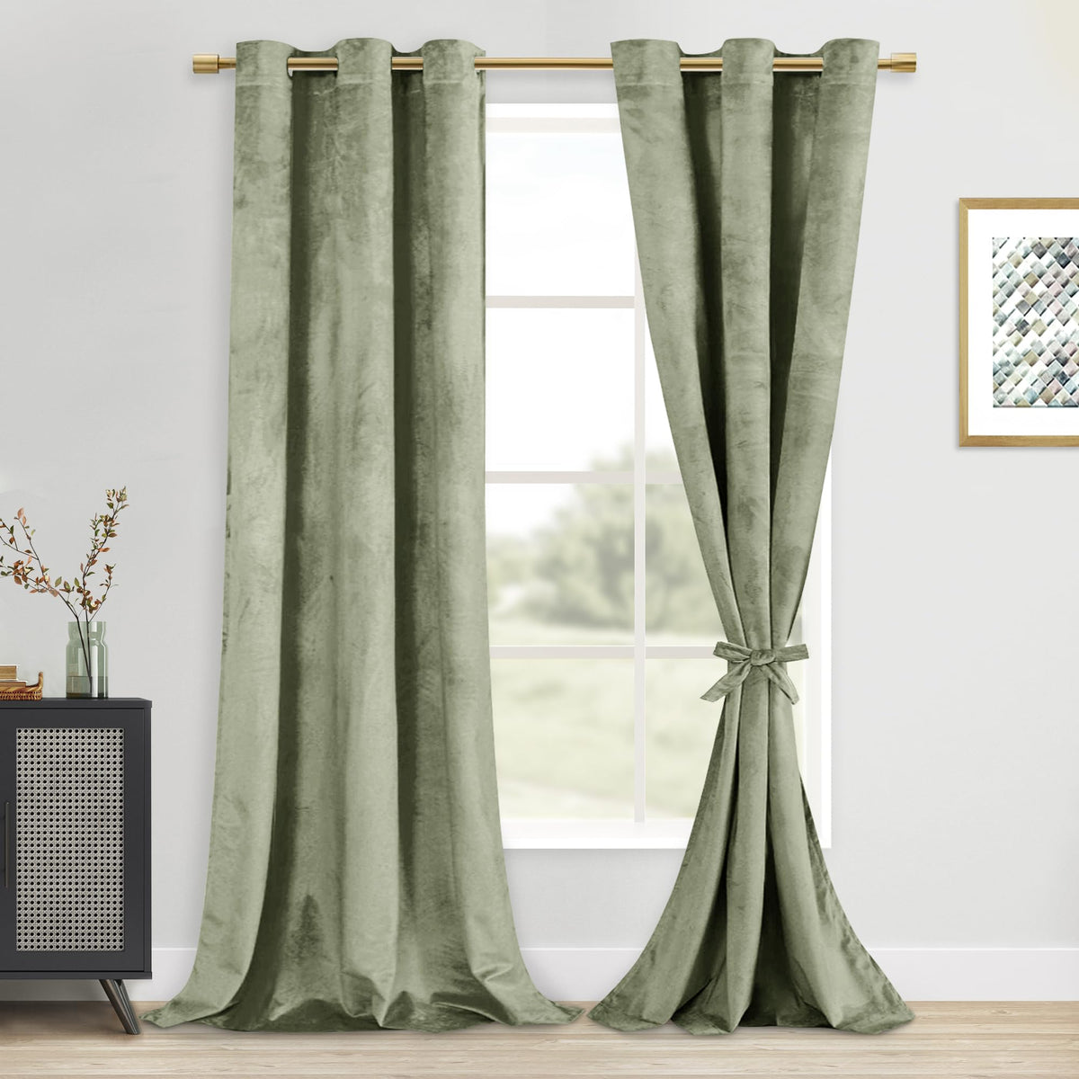 Dwcn Light Sage Velvet Curtains - Thermal Insulated Thick Grommet Tieable Window Treatments Room Darkening Privacy Protect Drape