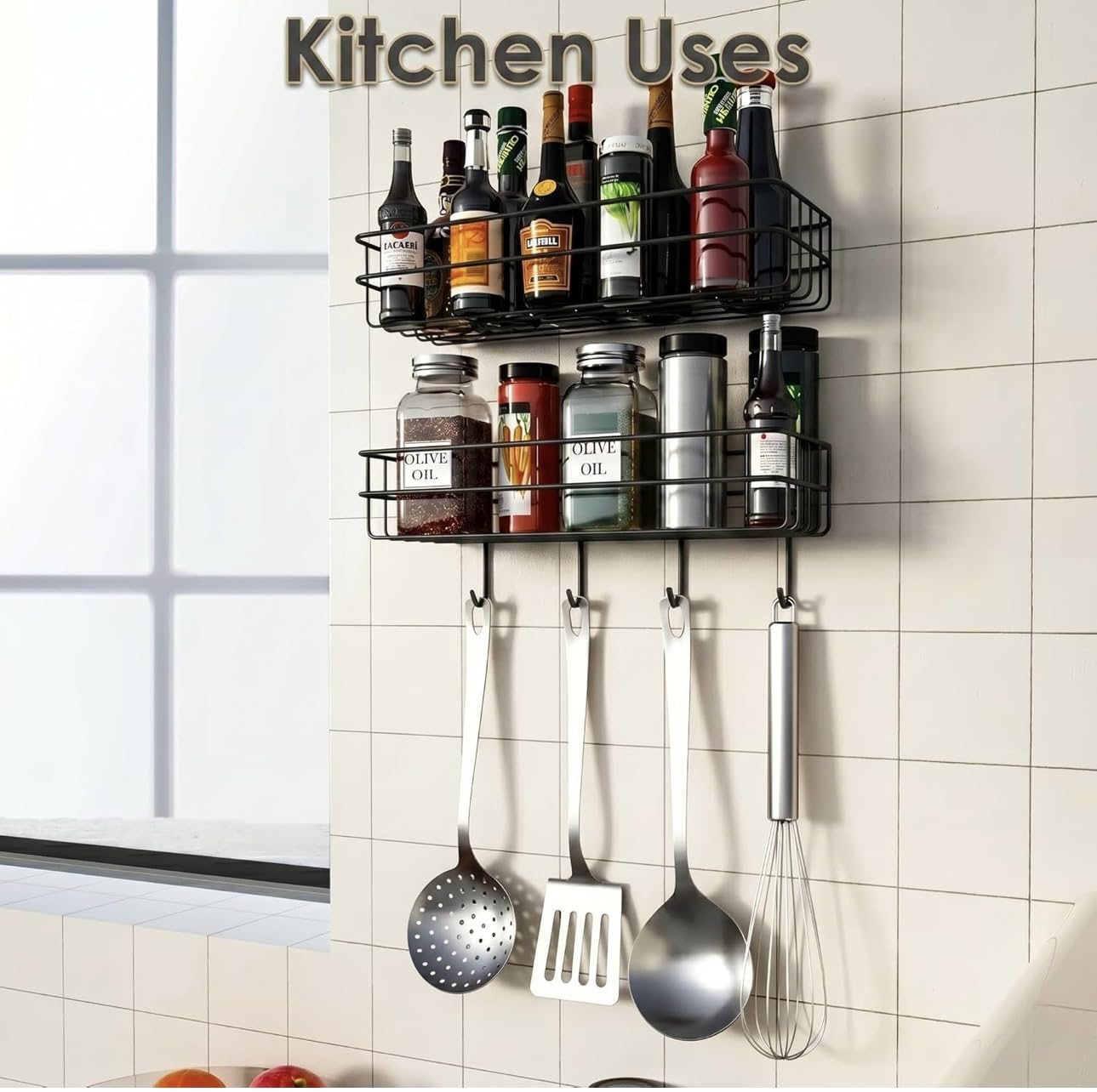 Wall Mounted Bathroom And Kitchen Organiser Shelf, Black, Gi Steel, Powder Coated, Rustproof, Self Adhesive, No Drill, With Hook
