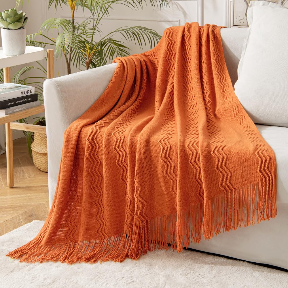 Miulee Burnt Orange Knitted Throw Blanket For Couch Boho Textured Cozy Woven Blanket With Tassels For Sofa Chair Bed Living Room Home Decor Farmhouse Acrylic Wave Pattern 50'X60'