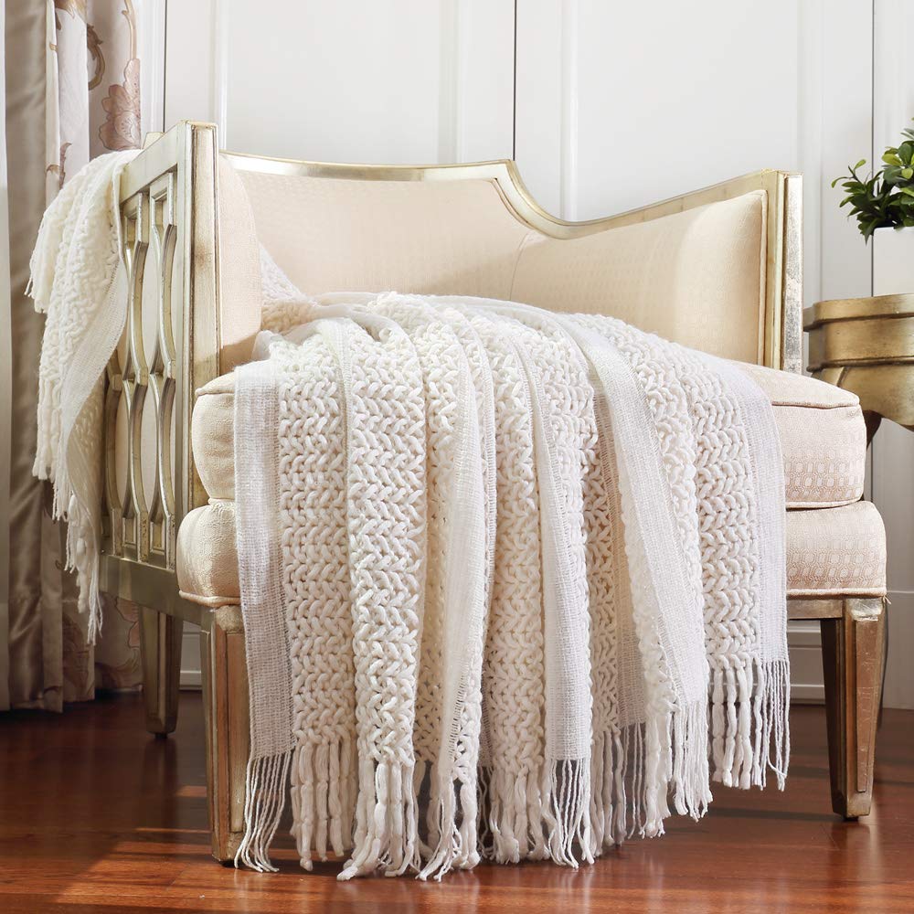Crevent Farmhouse Knit Throw Blanket For Couch Sofa Chair Bed Home Decoration, Soft Warm Cozy Light Weight (50''X60'' Cream/Whit