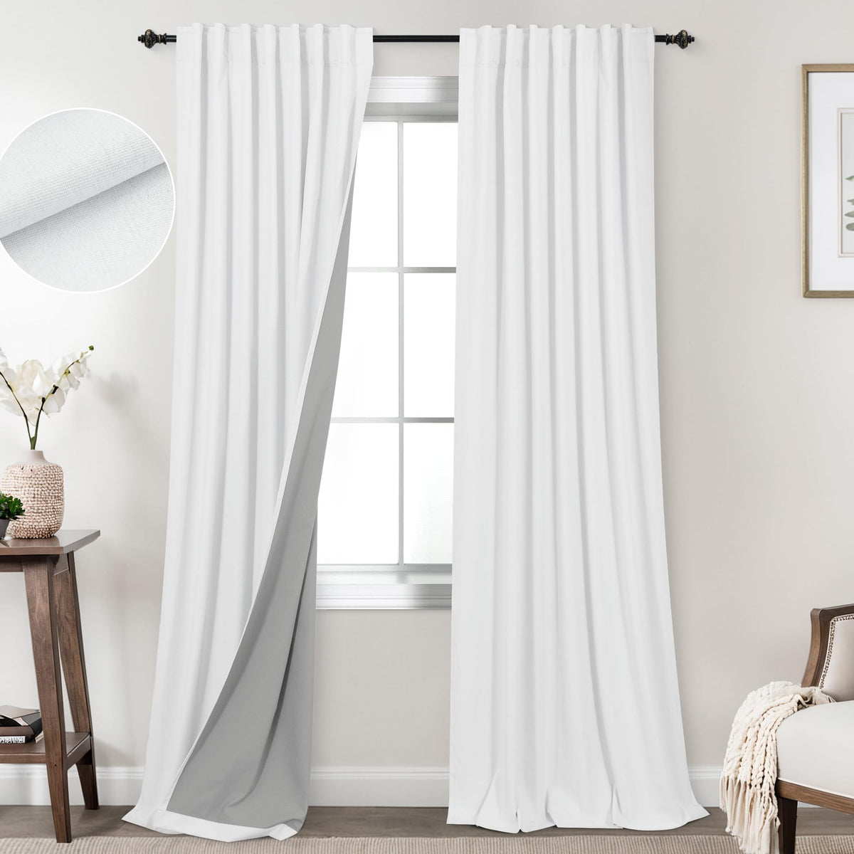 Koufall White Back Tab Linen Blackout Curtains 92 Inches Long