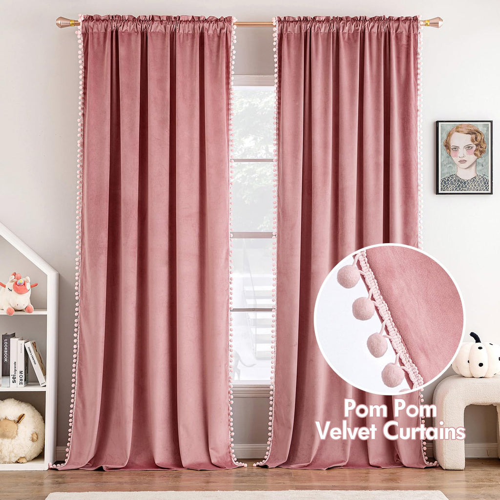 Miulee Blush Pink Pom Pom Velvet Curtains For Bedroom/Living Room Darkening Thermal Insulating 84 Inches Long Blackout Curtains