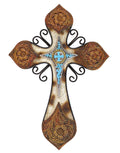 Cowhide Tooled Leather Cross with Turquoise Layer in Resin and Metal Combination