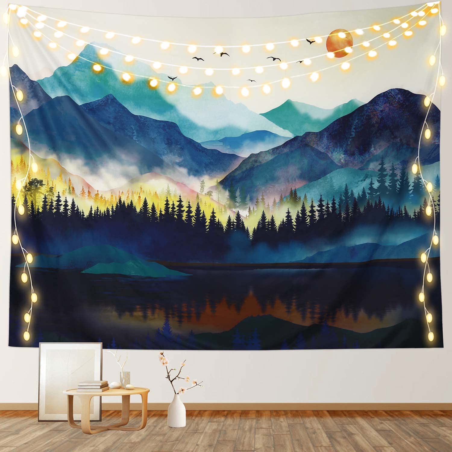 Rosielily Mountain Tapestry, 59'X79' Watercolor Tapestry Nature Tapestry Misty Forest Tapestry Sun Sunset Tree Landscape Tapes