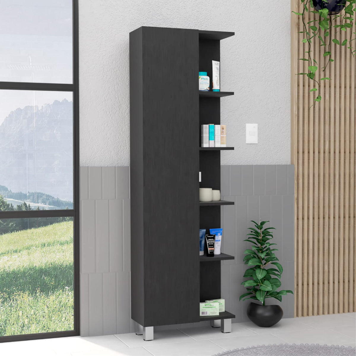 Depot E-Shop Venus Linen Single Door Cabinet, Five External Shelves, Four Interior Shelves, Black -Bathroom