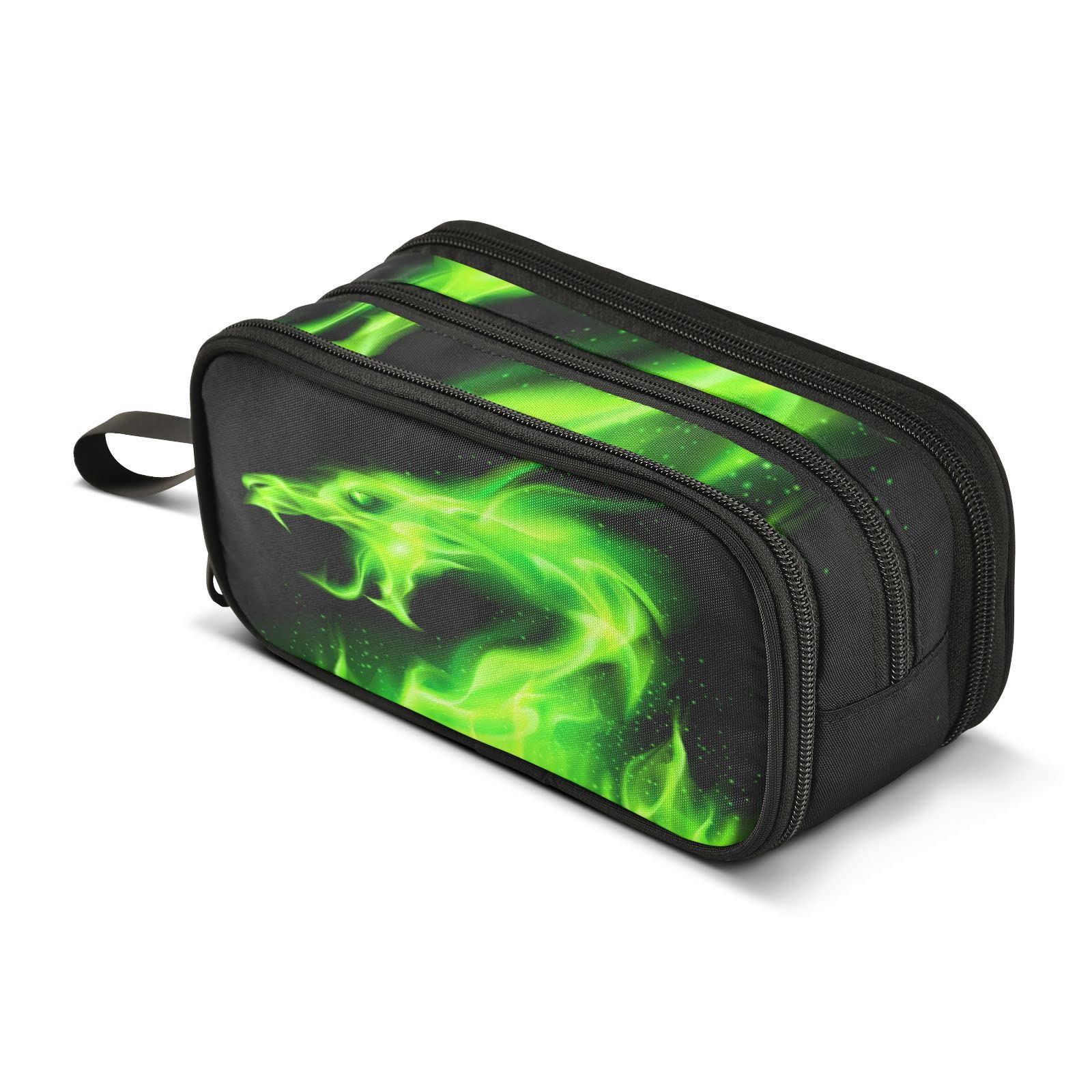 Green Fire Dragon Pencil Case For Boys Girls, Large Capacity Pen Bag 3 Compartment Pencil Pouch Students Stationery Organizer Ma