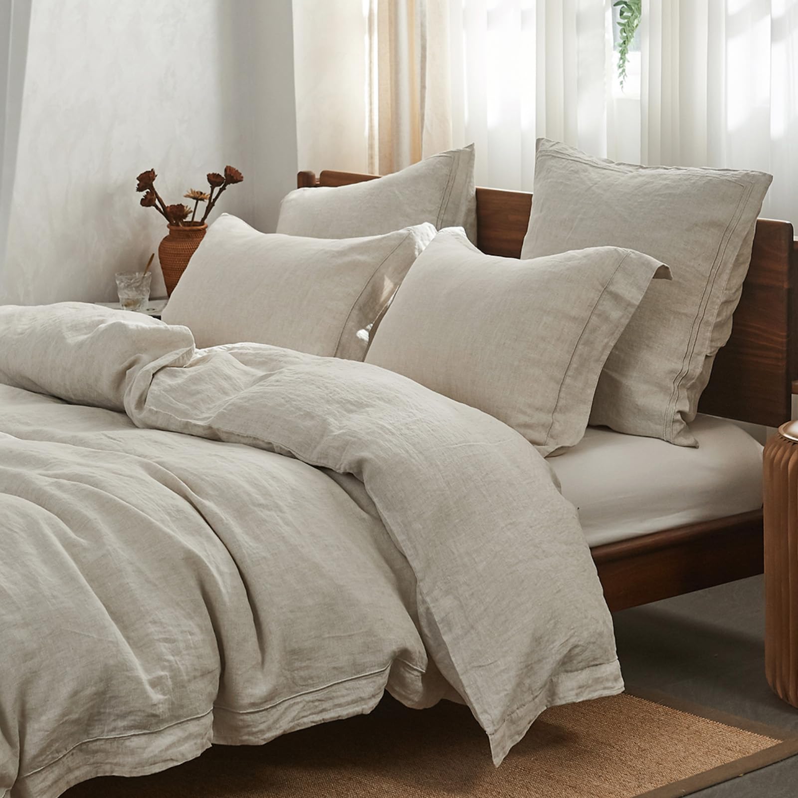 Simple&Opulence 100% Washed Linen Duvet Cover Set With Embroidered,King Size(104'X92'),3 Pieces Soft Farmhouse Comforter Set W