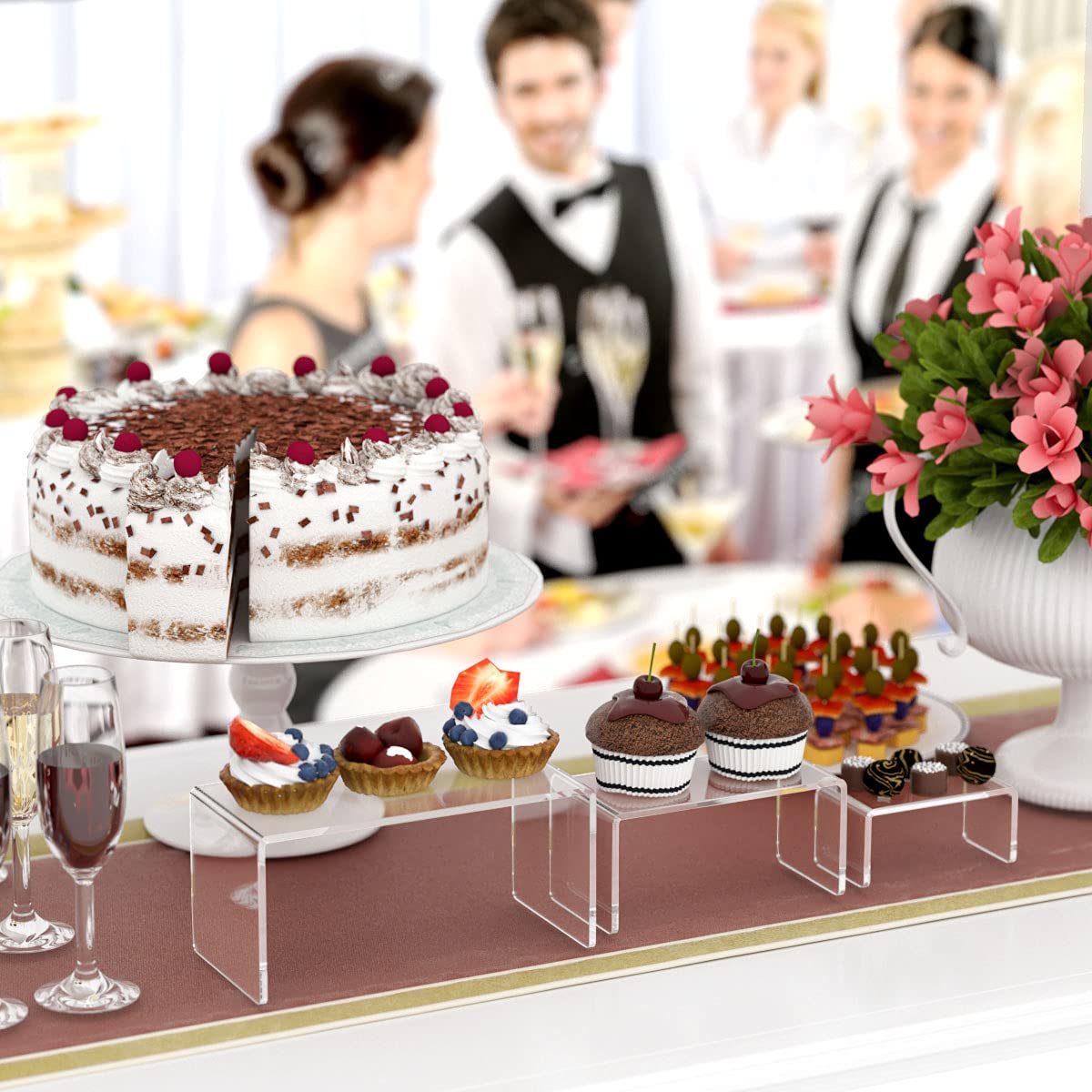 Hiimiei Acrylic Risers For Display Clear 3-Tier Risers Stands Showcase For Amiibo Funko Pop Figures, Dessert, Jewelry-8.4''X 6.3