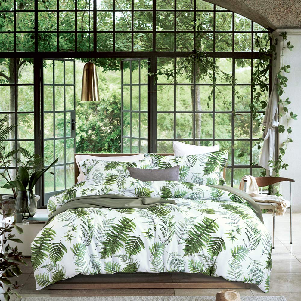 Mildly 100% Long-Staple Cotton Duvet Cover Set King Size Green Palm Leaf Printed Luxury Comforter Cover Set Reversible Tropical