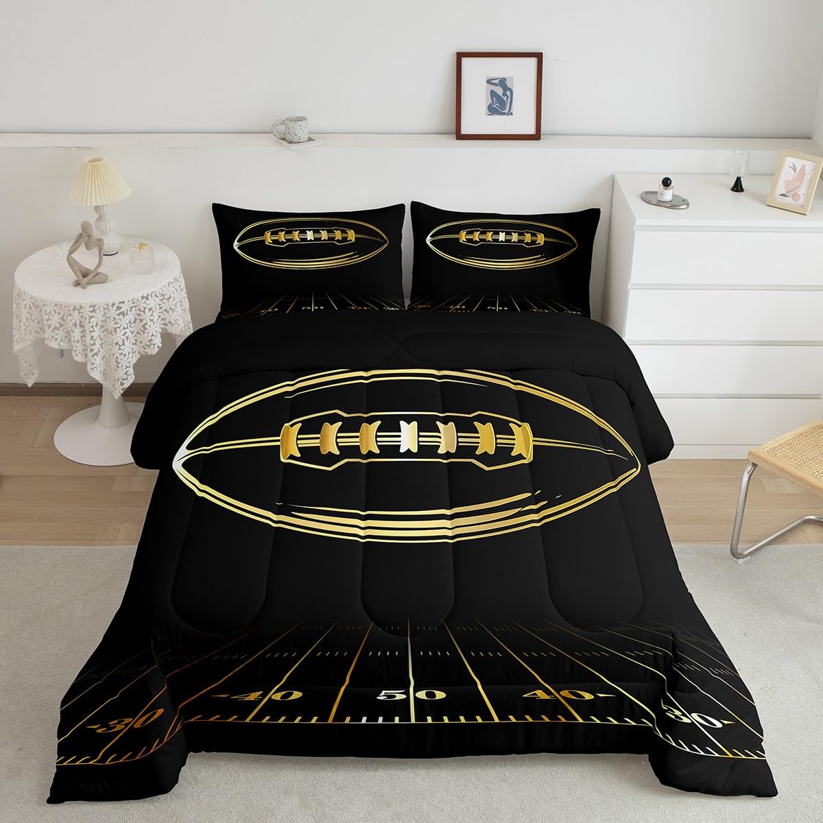 Feelyou Football Bedding Set Queen Kids Rugby Sports Comforter Set American Football Comforter Set For Boys Golden Black Room De