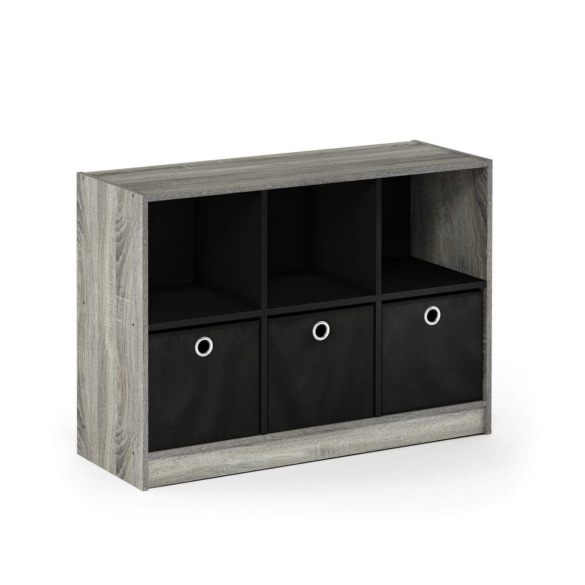 Furinno Basic 3x2 Cube Storage Bookcase Organizer with Bins, French Oak Grey/Black