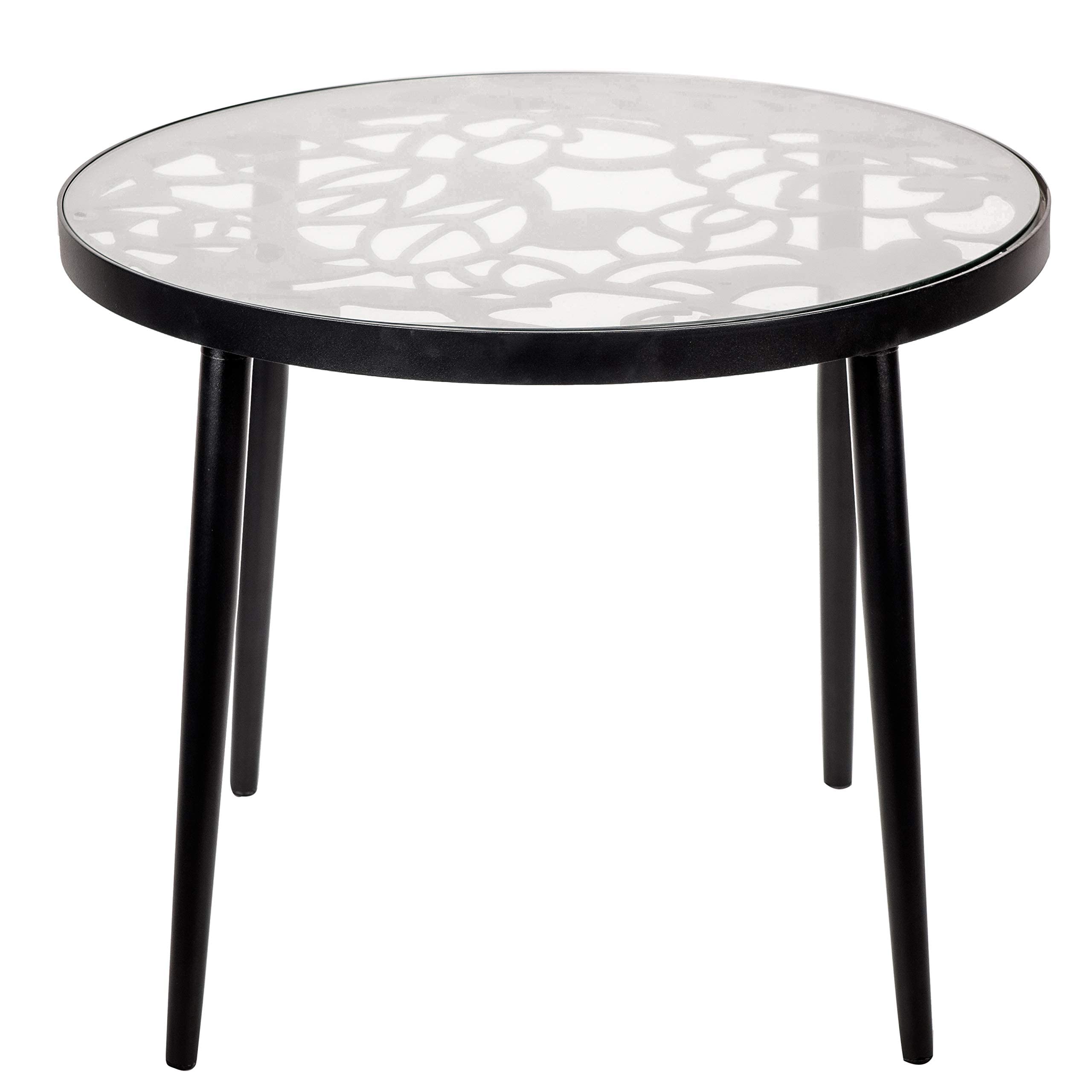 LeisureMod Black End Table, Glass Top with Tree Design & Aluminum Base for Indoor & Outdoor Use