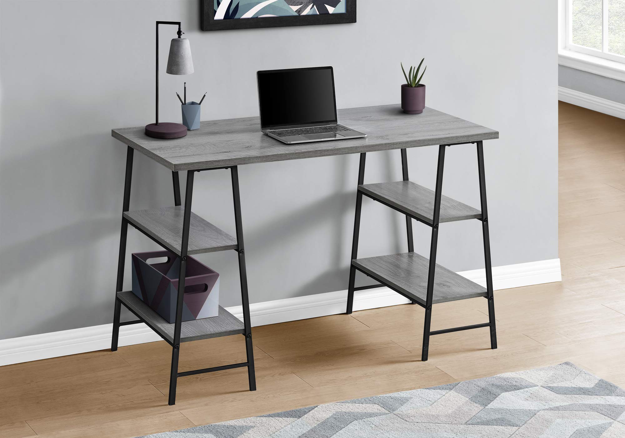 Monarch Specialties I 7524 Computer Desk, Home Office, Laptop, Storage Shelves, 48' L, Work, Metal, Laminate, Grey, Black, Contemporary, Modern