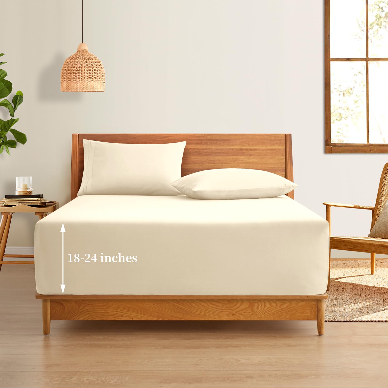 Horbaunal Extra Deep Pocket Queen Fitted Sheet Only - Fits Up To 24 Inch Mattress - Luxury 1800 Thread Count - Microfiber Cream