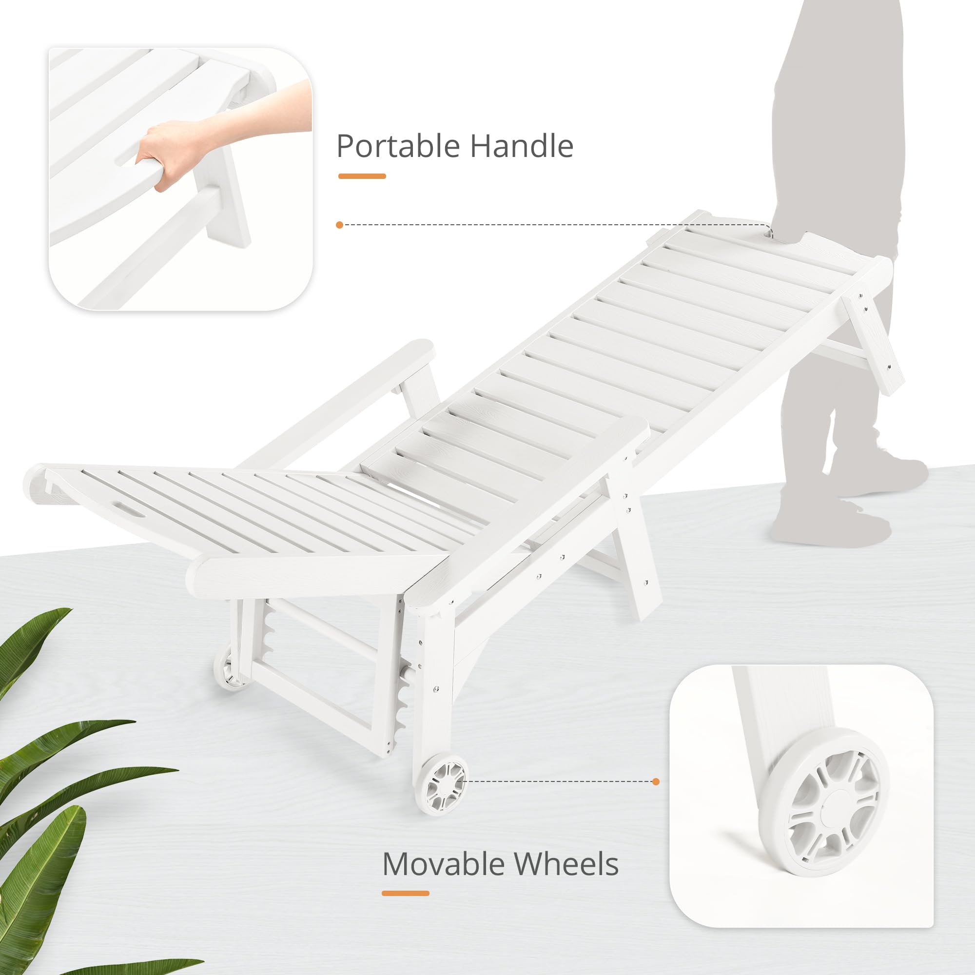 Lue Bona Outdoor Chaise Lounge, Hdps Material, 3-Year Warranty, Patio Lounge Chair With Adjustable Backrest, Resin Pool Lounge Chairs With Wheels For Outside, Poolside, Beach, Backyard, Garden, White
