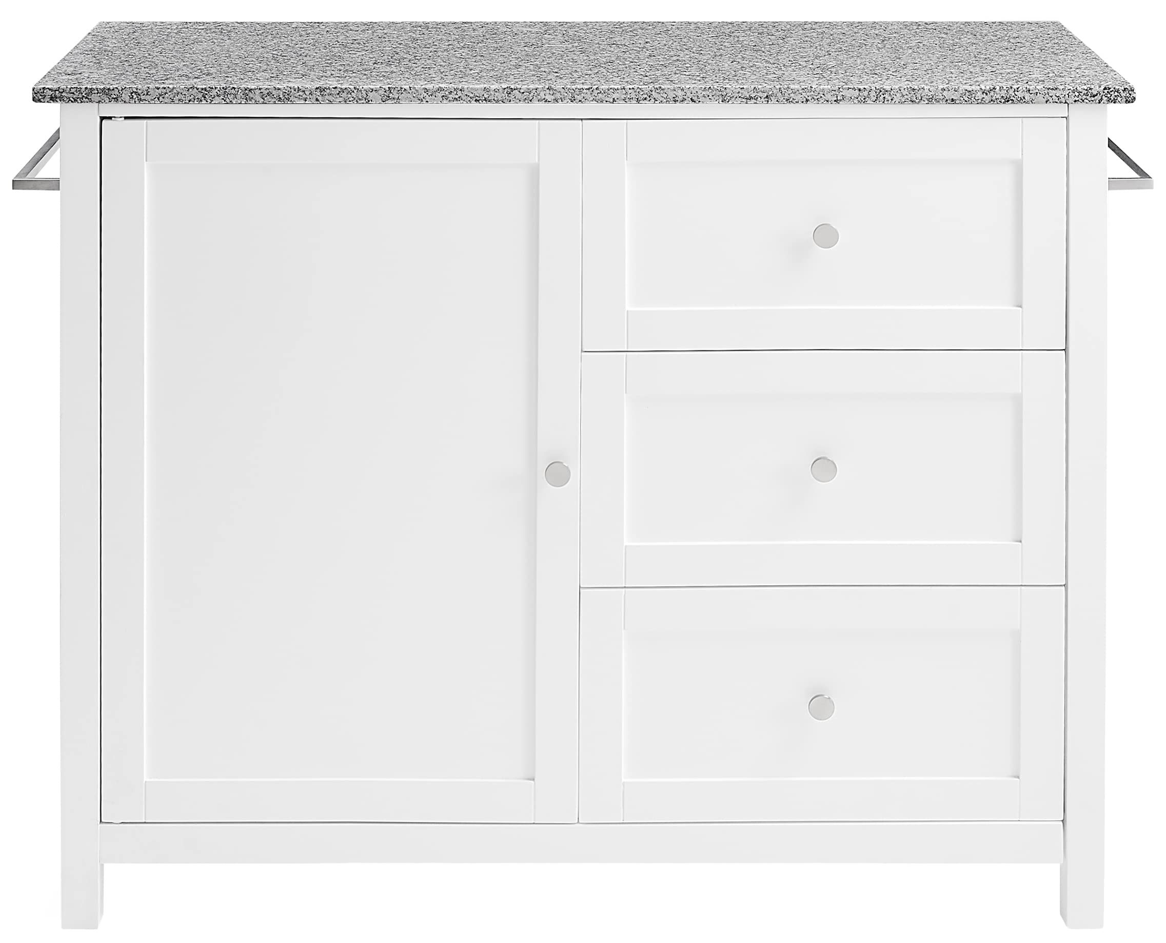 Crosley Furniture Soren Granite Top Rolling Kitchen Island Cart, Microwave Stand, Coffee Bar, With Shelves, White