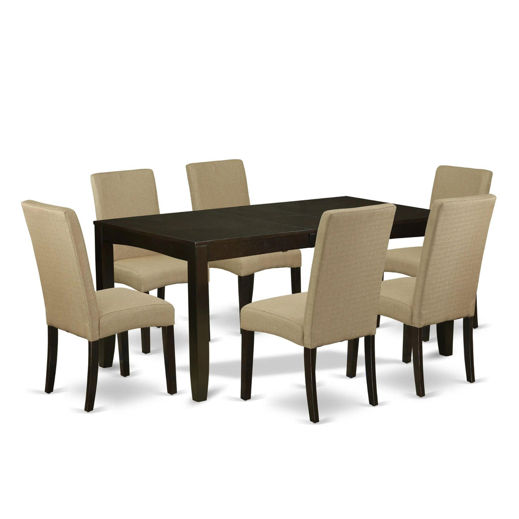 East West Furniture 6Pc Rectangular 48/60 Inch Table And Six Parson Chair With Cappuccino Finish Leg And Linen Fabric- Brown Color