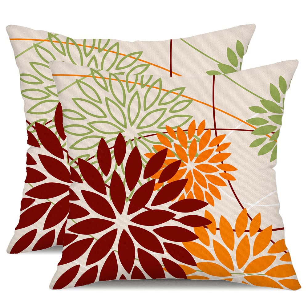 Red Orange Fall Pillow Cover 18X18 Inch Set Of 2 Outdoor Waterproof Floral Orange Decorative Pillowcase Decor For Couch Patio Fu